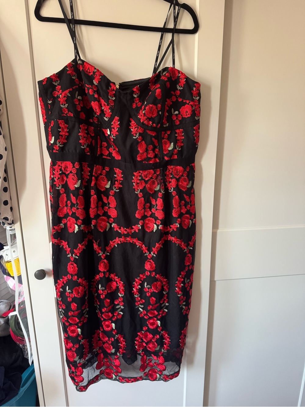 City Chic Black Midi Dress with Red Floral Embroidery